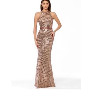 Cache Rose Gold Sequin High Neck Maxi Dress Size 6 NWT
